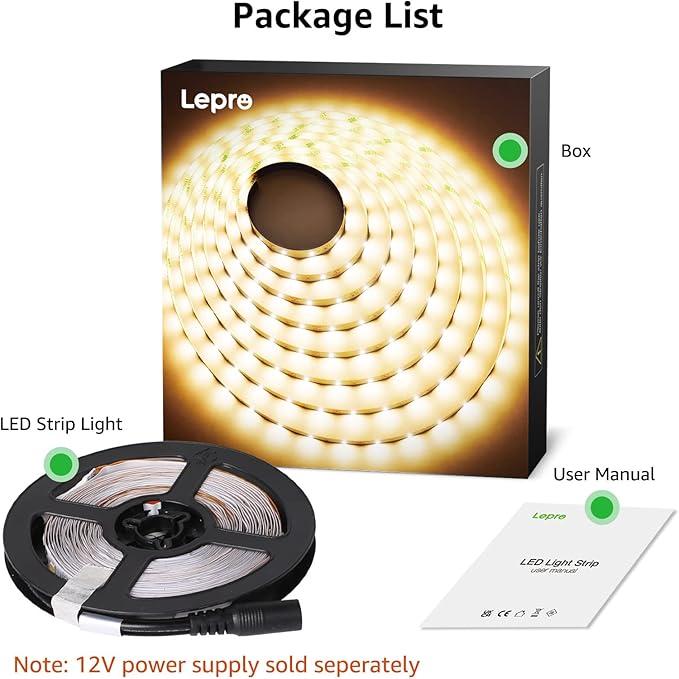 Lepro 12V LED Strip Light, Flexible, SMD 2835, 16.4ft Tape Light for Home, Kitchen, Party, Christmas and More, Non-Waterproof, Warm White(Not Include Power Adapter)