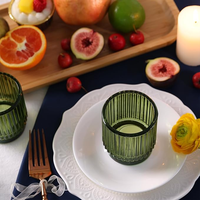 16 Pcs Large Green Votive Candle Holders, Tealight Ribbed Candle Holders Glass for Christmas Decorations, Green Glass Candle Holder, Vintage Boho Christmas Table Decorations,