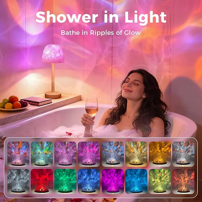 Waterproof Shower Lamp with 16 Color Ocean Wave Projector, Rechargeable LED Light with Remote & Touch Control, 3 White Modes, USB-C, for Bathroom, Bedroom, and Spa Gifts