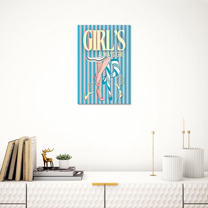 Trendy Always Girls High Heels Poster Funny Cocktail Disco Ball Canvas Wall Art Preppy Blue And Pink Stripes Feminine Girly Prints Painting For Living Room Bedroom Wall Decor 16x24in Wrapped Canvas