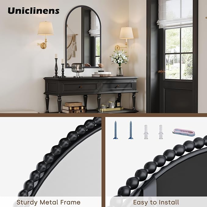 Beaded Arch Wall Mirror Large - Arched Mirror Wall Decor 36"X24" with Metal Frame, Ideal for Entryway, Fireplace, Living Room, Hallway, Bathroom, Black