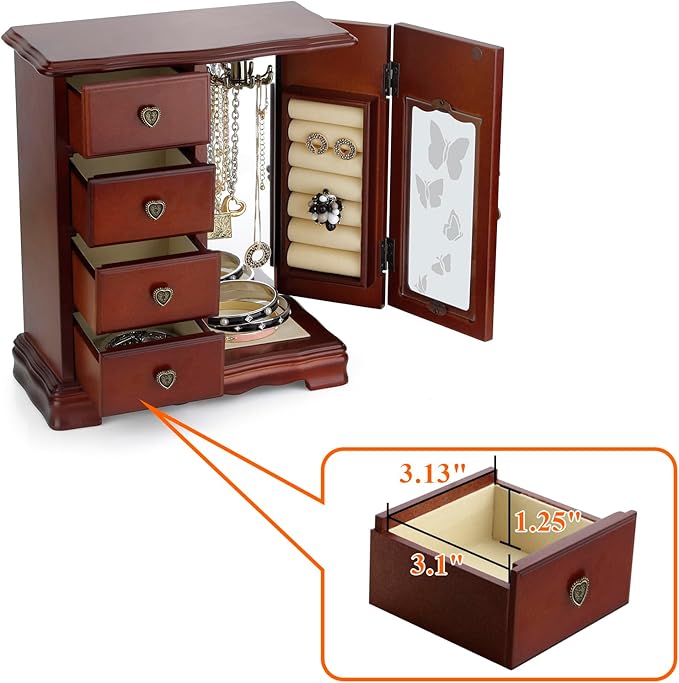 RR ROUND RICH DESIGN Solid Wooden Jewelry Box Makeup and Organizer Women Ring Storage with 4-Drawers Built-in Necklace Carousel and Mirror Brown