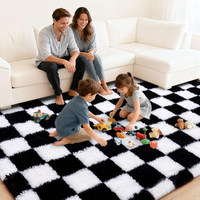 Checkered Rugs for Living Room 6x9, Ultra Soft Fluffy Rug for Bedroom, Modern Shaggy Carpets Rug for Girls Boys Room Home Indoor Nursery Teens Dorm Decor, Upgrade Non-Slip Durable, Black and White