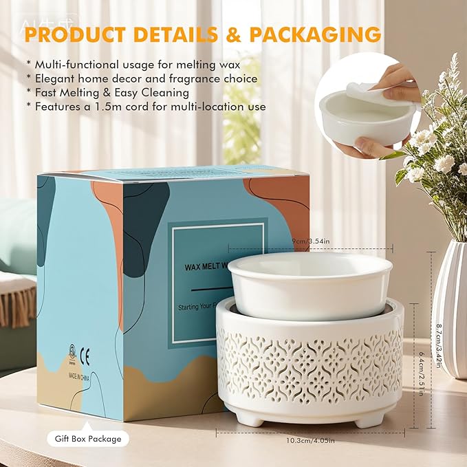Wax Melt Burner Ceramic Electric 4-in-1 Candle Warmer Lamp with 7-Color LED Light Fragrance Oil Burner for Scented Wax Candle Jar Home Office Bedroom Decor Gifts for Women Mom - Flower Pattern