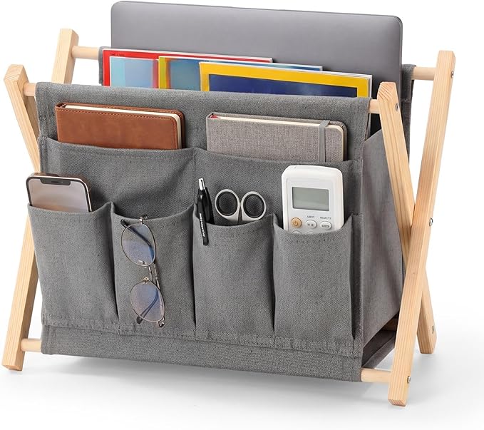 Sliner 1 Pack Foldable Magazine Rack with 6 Pockets 14x10.4 Inch Book Basket Storage Holder for Books, Newspapers, Home Couch Tablet Magazine Holder for TV Remote Control Living Room
