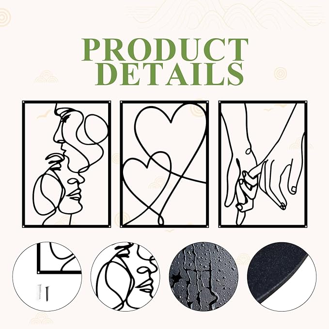 3 Pieces Metal Minimalist Line Wall Art, Valentine's Day Lover Kiss Hand Metal Wall Decor, Aesthetic Modern Home Hanging Wall Art Decor for Bedroom Bathroom Living Room