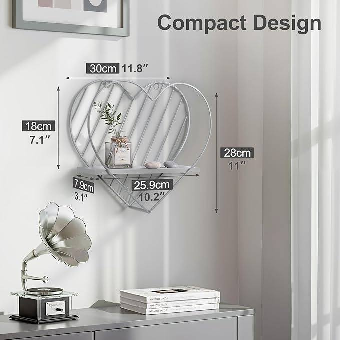 Afuly Wall Shelf Metal Grey Floating Shelves Heart Design Small Shelf Storage Rack Modern Romantic Farmhouse Style Cute Fancy Unique Nursery Room Bathroom Bedroom Wall Decor