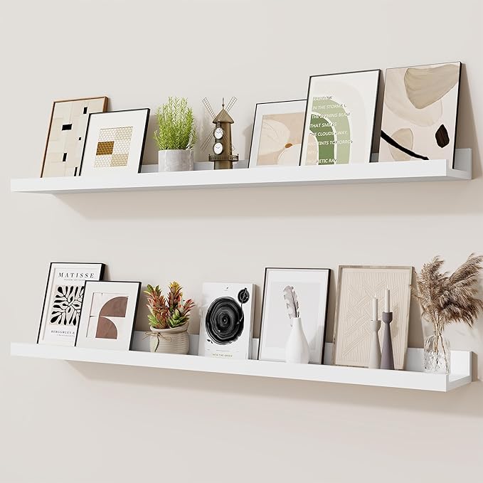 Heimlove Picture Ledge Shelf,36 inch Long Floating Shelves for Wall Set of 2,White Picture Shelf with Lip for Wall Decor,Living Room,Bedroom,Bookshelf,Nursery,Perfume