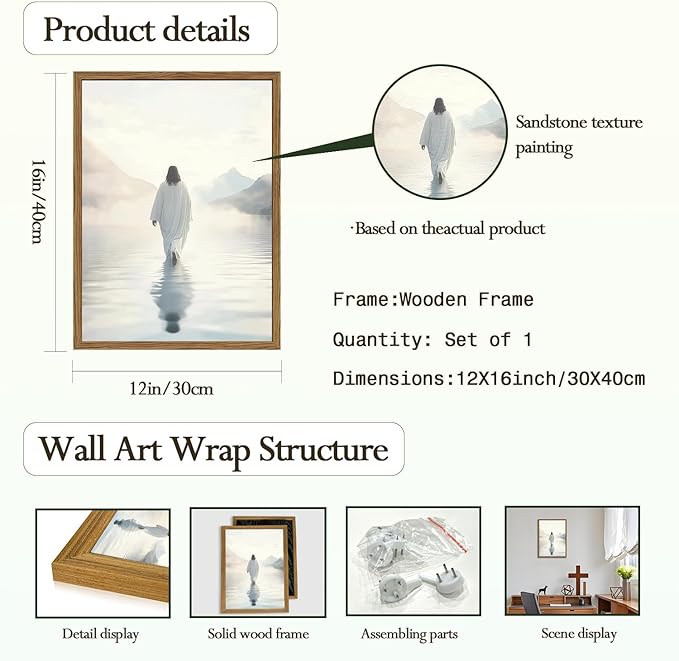 Jesus Walking on Water Wall Art White Jesus Wall Decor Christian Faith Painting 3D Textured Hand Drawn Sandstone Artwork for Living Prayer Room Bedroom 12x16 inch Wood Framed