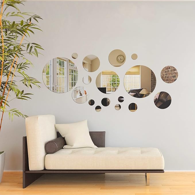Shappy 32 Pcs Acrylic Mirror Wall Stickers Removable Round Wall Decal Circle Mirror Tiles for Home Bathroom Living Room Bedroom TV Background Decor(Silver,X Large Size)