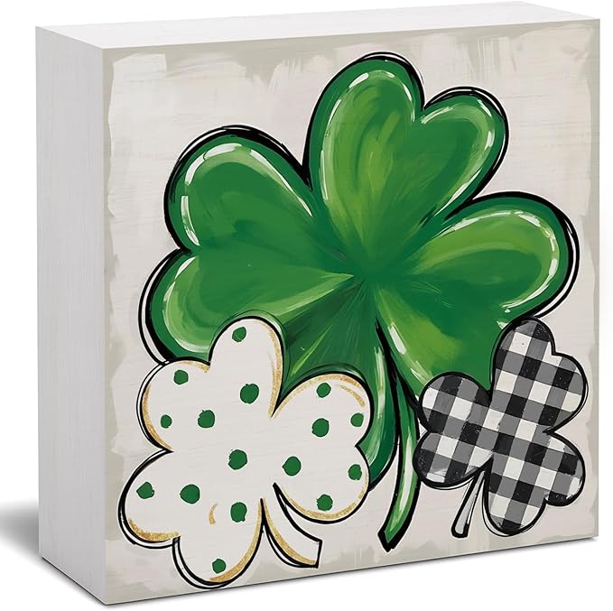 St. Patrick's Day Decorations, Irish Luck Shamrock Wooden Box Sign Desk Decor, St Patricks Day Decorations Party Table Decor 5x5