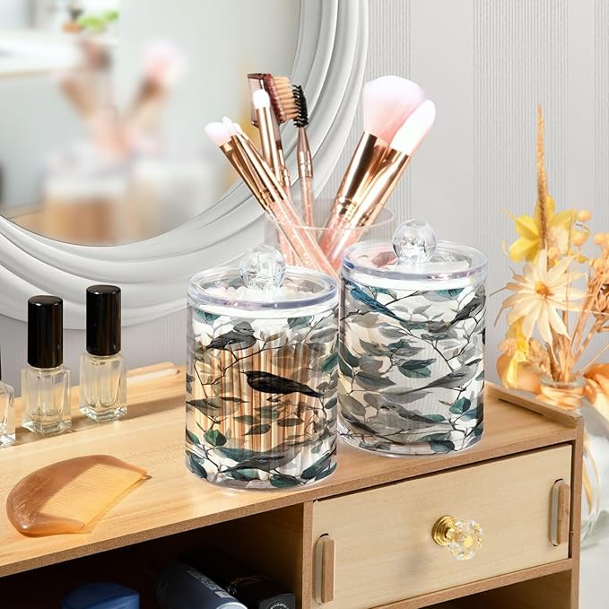 2 Pack Apothecary Jars Blue Birds Branch Design Bathroom Vanity Storage Organizer Set,Small Clear Plastic Storage Jars Bathroom Canister for Cotton Swabs, Rounds, Balls, Qtips,Makeup Sponges, F