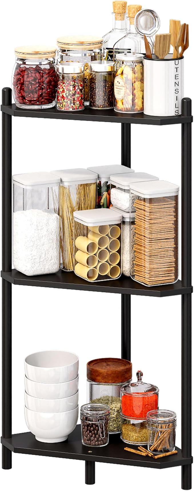 Corner Shelf Stand - 3 Tier Bamboo Small Corner Bookshelf for Office Kitchen Bedroom Plant Stand Living Room Decor Small Space (Black, 3 Tier)