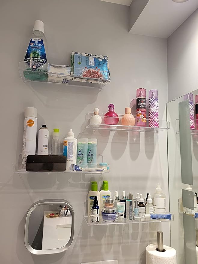 15 inch Clear Acrylic Floating Wall Ledge Shelf Display,6pcs Wall Mounted Nursery Kids Bookshelf Invisible Spice Rack, Bathroom Storage Shelves Display for Bedroom Office Toy Picture Ledge, 5MM Thick