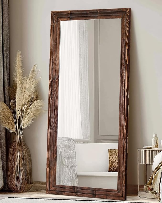 Full Length Mirror 71"x30" Solid Wood Frame Floor Large Mirror for Living Room, Bedroom Hanging or Leaning Wall-Mounted, Brown
