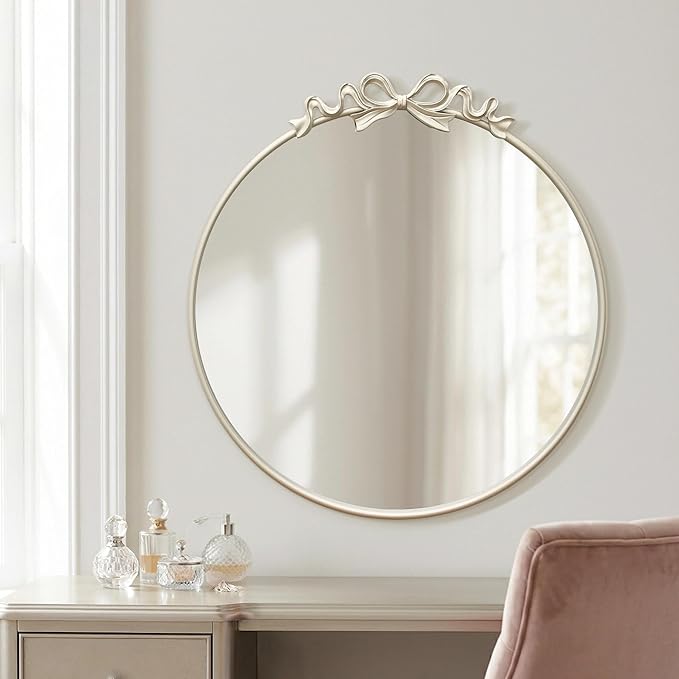 Besdomus Antique Large Wall Mirror: 27" Champagne Silver Bow Vintage Wall Mounted Mirror - Baroque Traditional Ornate for Fireplace/Bathroom/Living Room - Wall Decor for Teen Girl