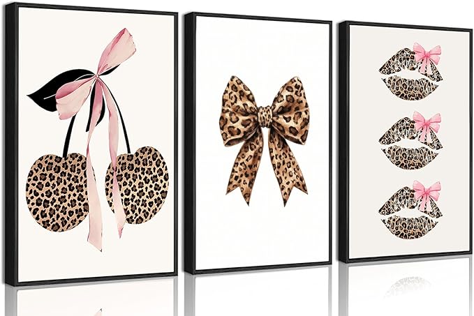 YZLYAD 3Pcs Trendy Leopard Print Wall Art,Fashion Bow Cherry Lips Y2k Poster Pictures,Stylish Preppy Aesthetics Girls' Rooms Canvas Wall Decor for Bedroom Dorm Apartment.12x16in Unframe