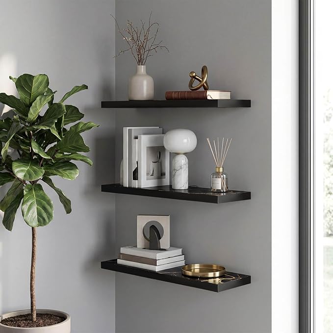 Pinkunn 3 Pcs Faux Marble Floating Shelves Modern Wooden Floating Shelf Wall Mount Organizer Decor for Home Bathroom Kitchen Storage and Display (Black Gold)