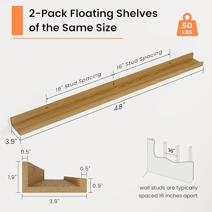RICHFOCUS Picture Ledge Shelf, 48 inch Floating Shelves Set of 2, Wood Wall Shelves with Lip, Wall Decor Storage for Bedroom Living Room Bathroom Kitchen Nursery Photo Picture, Oak