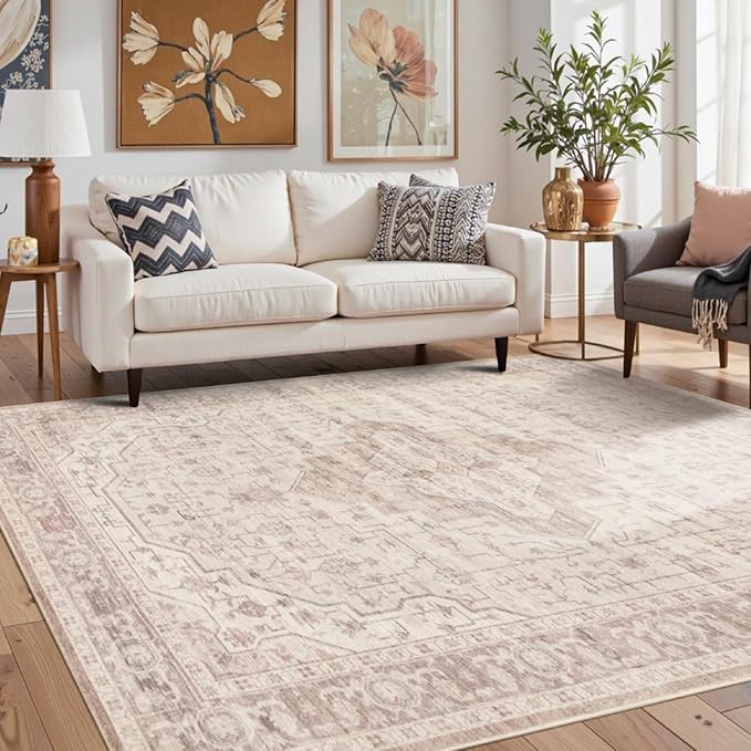 Rugxara 5x7 Soft Pink Washable Area Rug for Living Room & Bedroom, for Girls Women, Non Slip, Durable Low Pile Carpet, Vintage Carpets for Office, Dining Room, Kids Room and Farmhouse