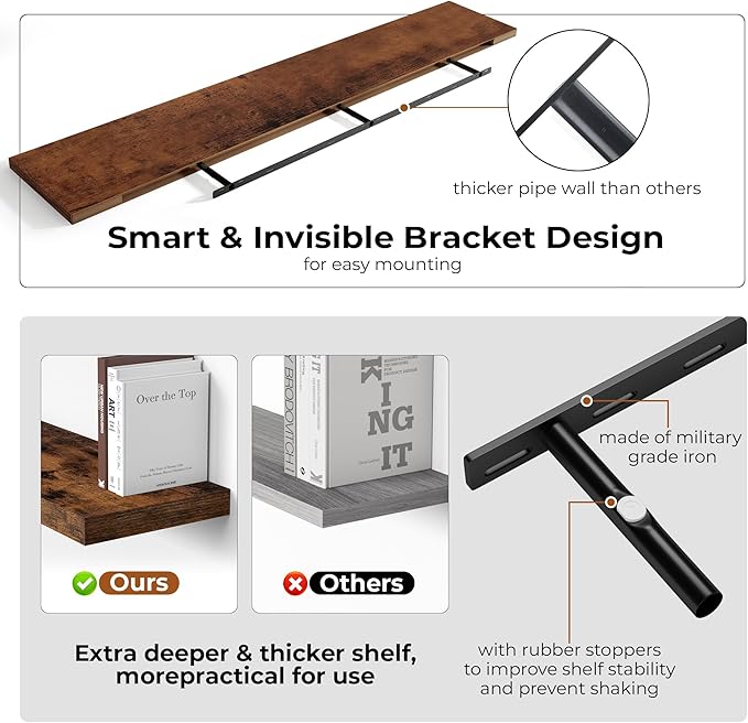 Fun Memories 72 Inch Floating Shelves for Wall, Fireplace Mantel Shelf with Invisible Heavy Duty Bracket, 8 Inch Deep Storage Shelf for Living Room, Kitchen, Farmhouse, Brown (2-Pack)