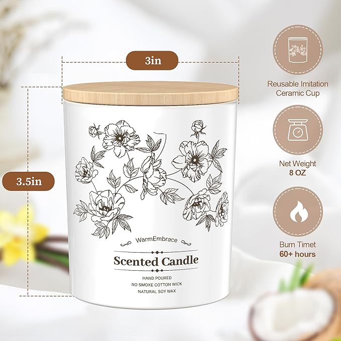 Deluxe Scented Candle for Women & Men, Vanilla Coconut Soy Wax Candle, 8 Oz Jar Candle for Home, Scented-60 Hours Long Lasting Burning, Suitable Gift for Mom