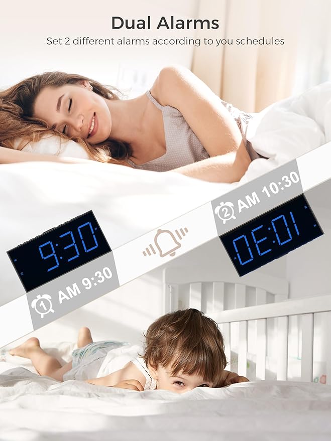 Large Display Alarm Clock for Bedroom, Easy to Read 7.5" LED Clock with Big Numbers, Dual Alarm for Couples, 5-Level Dimmer, Loud Alarm for Heavy Sleepers, USB Charger, Plug-in with Battery Backup