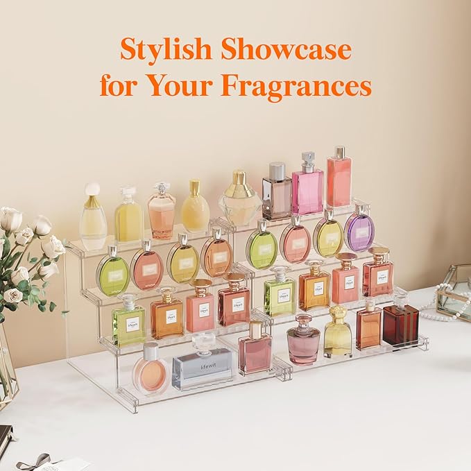 Lifewit Perfume Organizer with Fences, Plastic Cologne Stand, Tool-Free Assembly, Display Shelf for Fragrance Makeup Vanity Bedroom Bathroom Storage Organization, Clear, 30 cm/12",2 Pcs