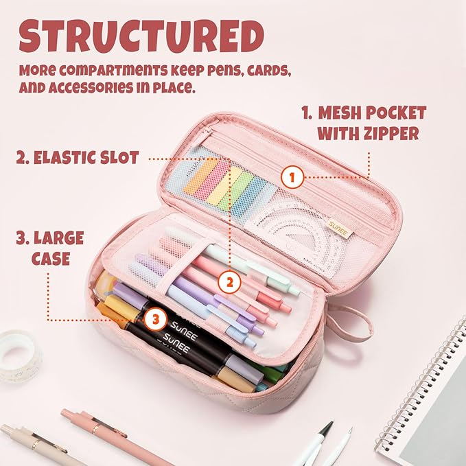 SUNEE Cute Pencil Case, Large Capacity Pencil Pouch Aesthetic Zipper Pencil Bag, Big Storage Pen Organizer for Stationery, Soft Quilted Pencil Box Back to School Supplies for Teen Girls Boys,Soft Pink