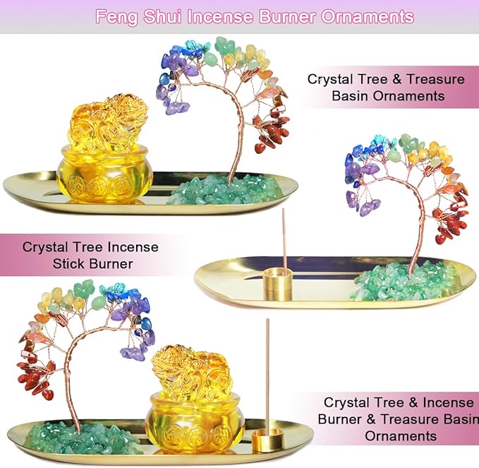 Feng Shui Crystal Tree Incense Burner Holder, Lucky Pi Xiu Treasure Basin, Healing Crystals Tree of Life Incense Tray Money Ideal Adornment for Attracting Wealth, Yoga Meditation Decor - Yellow
