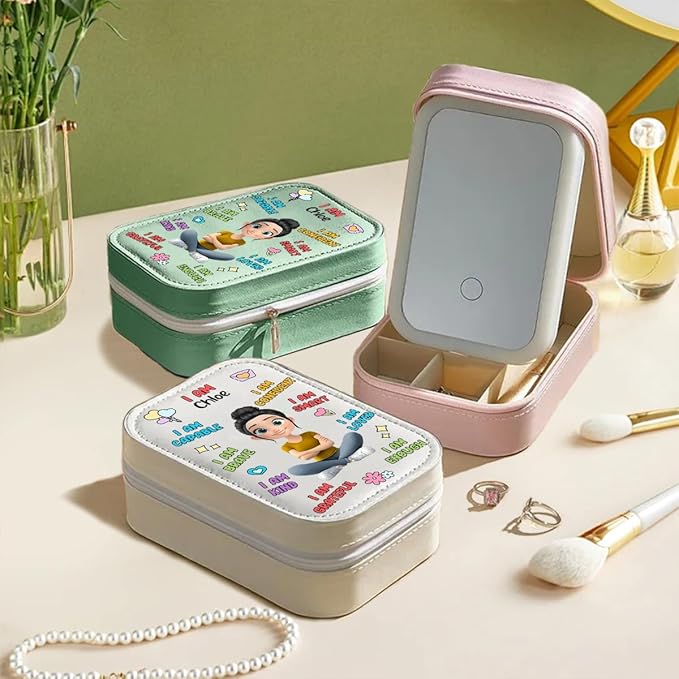 Wrappiness Women & Girls Floral Makeup Box With LED Mirror - Personalized Birthmonth Flower Travel Jewelry Organizer Gift for Daughters Sisters on Birthday Christmas (I Am Smart, Toddler Girls)