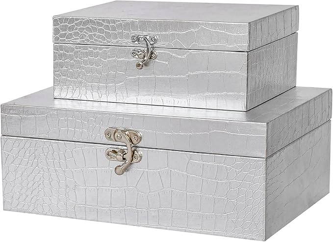 Set of 2 Wooden Decorative Nesting Storage Boxes, Silver Crocodile Leather with Clasp for Home Kitchen Living Room, Ideal Gift for Wedding Memories Jewelry Trinket