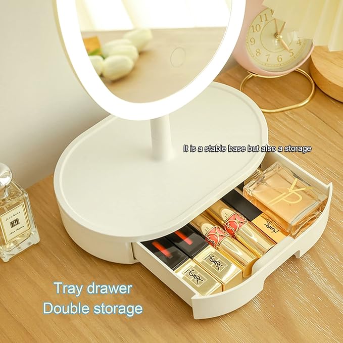LED Makeup Mirror Stepless Dimming USB Rechargeable,Cosmetic Organizer Boxes90° Rotating Freestanding Mirror for Makeup,Touch Screen,Removable Makeup Mirror,White