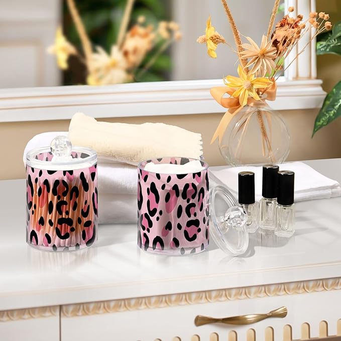 2 Pack Qtip Holder Dispenser for Cotton Ball Pink Leopard Print Cheetah Cotton Swab Round Pads Clear Plastic Acrylic Jar Set Bathroom Canister