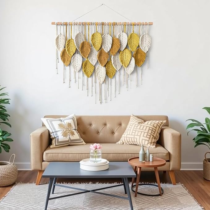 KHOYIME Large Macrame Wall Hanging Boho Woven Tapestry, Bohemian Farmhouse Handmade Yellow Leaf Feather Wall Art Chic Modern Home Decoration for Living Room Bedroom Nursery Dorm Backdrop 39"W X 29.5"L