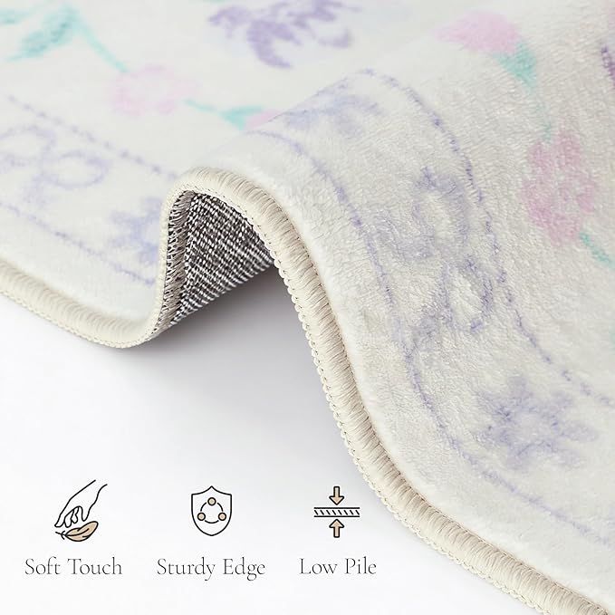 GENIMO 3X5 Washable Vintage Area Rugs for Living Room, Non-Slip Low Pile Chenille Print Rug, Soft Rugs for Bedroom Dining Room Home Office, Pastel Purple