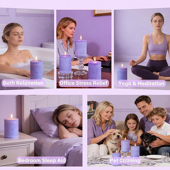 4 Pack Lavender Scented Pillar Candles-2.8x4 in Purple Decorative Candles,60-Hour Long Lasting Burn,Handmade Rustic Pillar Candles for Home Fragrance,Stress Relief, Home Spa & Meditation