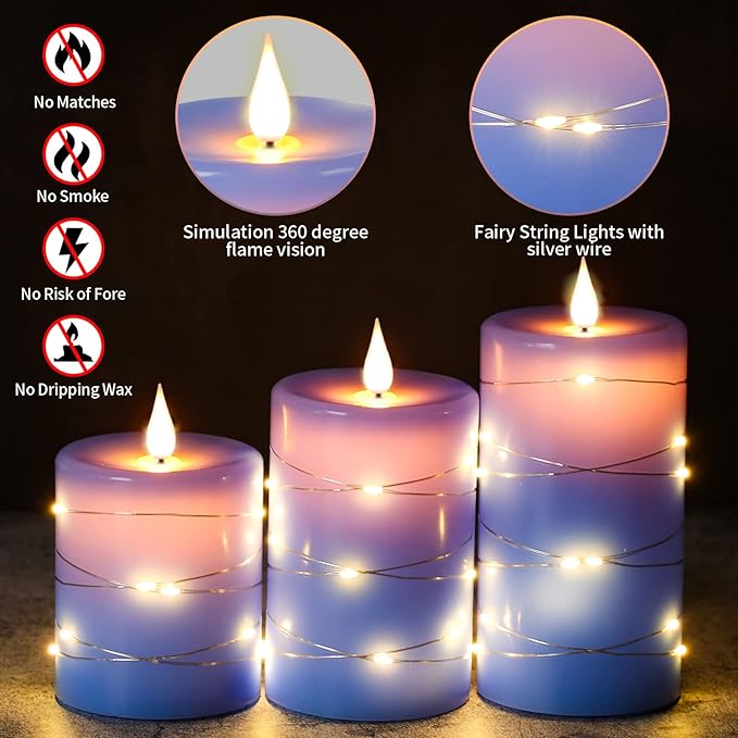 Upinmz Flickering Flameless Candles with Embedded String Lights, Battery Operated Candles with Remote Control and Timer,LED Candles for Home Decoration,Real Wax, 3 Pack Blue