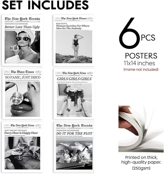 TWNSLLA Trendy Newspaper Wall Art Woman Searches For Where Men Get The Audacity Posters Prints,New York Times Wall Art Canvas,Vintage Bart Cart Decor Retro Girl Dorm Room Decor Aesthetic,11x14inchx6pcs,Unframed