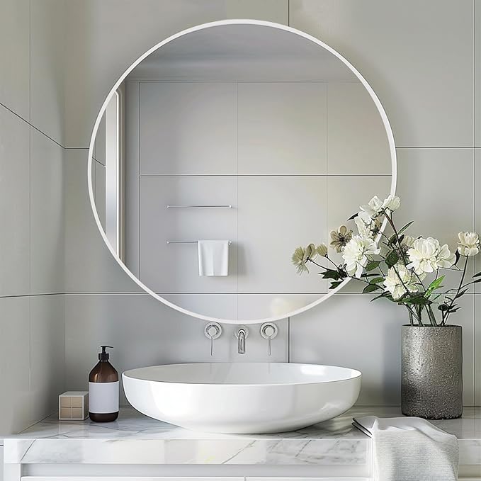 Sunniry White Round Mirror 30 inch, Large Round Mirror, Bathroom Mirror Matte Metal Frame, Circle Mirrors for Living Room, Bathroom, Wall, Hallway.