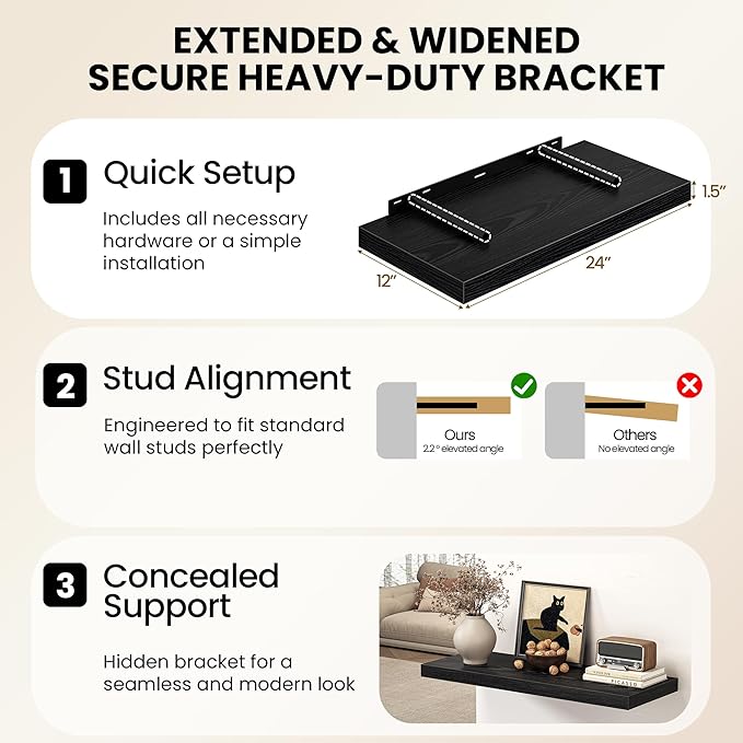 Fun Memories Black Floating Shelves - 2 Pack 30 Inch Long Rustic Wooden Wall Shelves - 12 Inch Deep Wall Mounted Storage Shelf with Invisible Heavy-Duty Brackets for Books, Bathroom, Kitchen