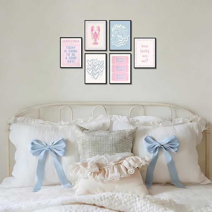 Zuowclli 6Pcs Coastal Granddaughter Wall Art Prints Pink Blue Beach Beach Preppy Wall Decor Pictures Summer Beachy Aesthetic Posters for Girly Bedroom Dorm Apartment Home Decoration Unframed 12x16in