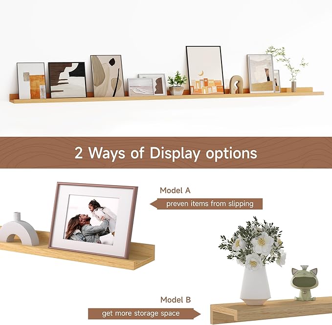 Fun Memories Picture Ledge Shelf, 60 Inch Floating Shelves Set of 2, Large Nursery Book Shelves for Toys Storage, Kids Bookshelf Wall Mounted for Wall Decor Books Photo Frames, Oak