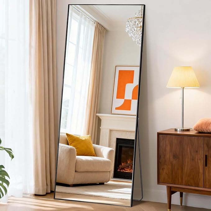 DUMOS 26"x68" Full Length Mirror with Stand, Floor Standing Aluminum Frame, Shatter-Proof Nano Glass for Bedroom, Living Room, Cloakroom – Modern Simple Home Decor,Can Be Hanging or Leaning, Black