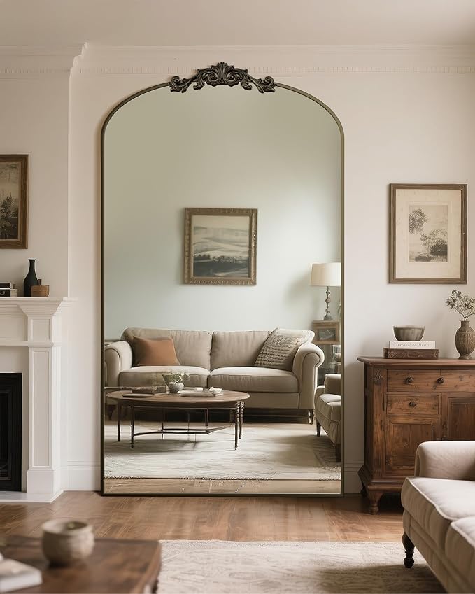 Antok Arched Full Length Mirror, 81"x41" Floor Mirror with Carved, Full Body Mirrors for HomeDecor, Standing/Halling Large Wall Mirror for Bedroom, Living Room, Cloakroom, Bronze, Retro Style