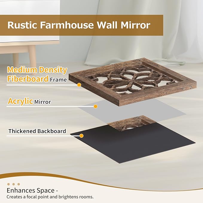 Set of 4 Boho Wall Mirrors with Carved Floral Design, 12x12 Inch Rustic Farmhouse Accent Mirrors, Vintage Style Shatterproof Square Mirror Decor for Living Room, Bedroom(Redbrown)