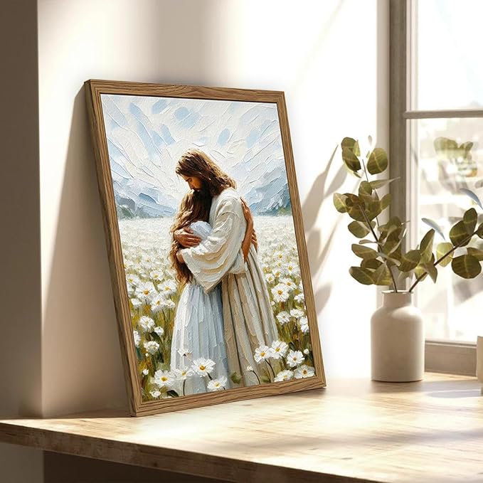 Framed 3D Textured Jesus Embracing Woman Wall Art, Jesus Hugging Woman Wall Decor Hand Drawn Sandstone Religious Christian Bible Painting Pictures for Bedroom Living Prayer Room 12x16 in Wood Framed