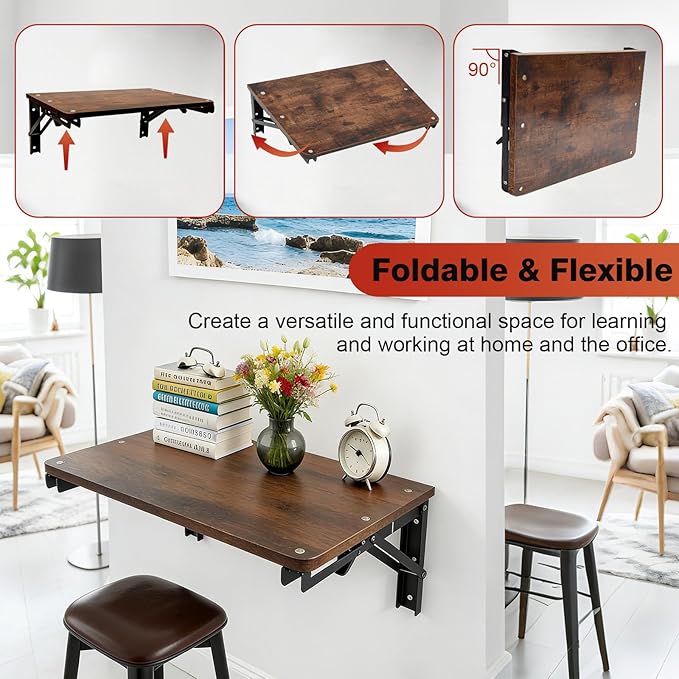 Folding Shelf Wall Mounted for Small Space, Rustic Wooden Wall Table for Living Room Bedroom Decor, Home Office Floating Fold Down Desk, Media Shelves with Heavy-Duty Brackets Holds Up to 55lbs