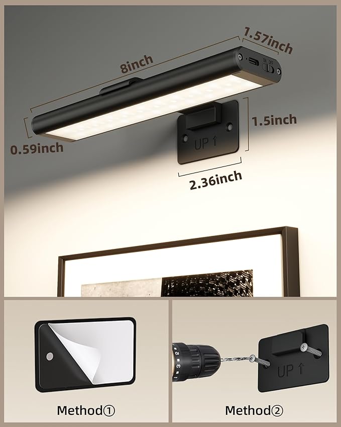 EZVALO Picture Light for Wall, Rechargeable 2400mAh Battery Lights Wireless with IR Remote, 3 Color & Dimmable Magnetic 7.87'' LED Lights Display for Painting, Living Room, Gallery, Bedroom(Black-2P)