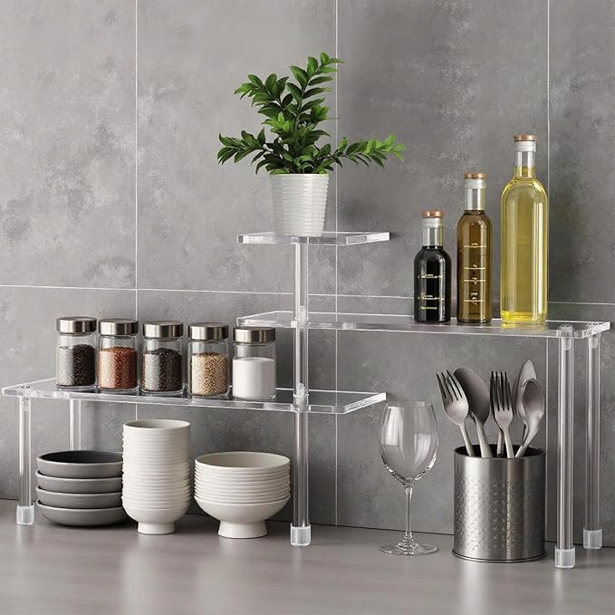 Bathroom Organizer-Acrylic Countertop Corner Shelf,3-Tiers Organization Trays,Moveable Storage Shelves, Waterproof Spice Rack Gift for Kitchen,Home,Coffee Break Room,Makeup